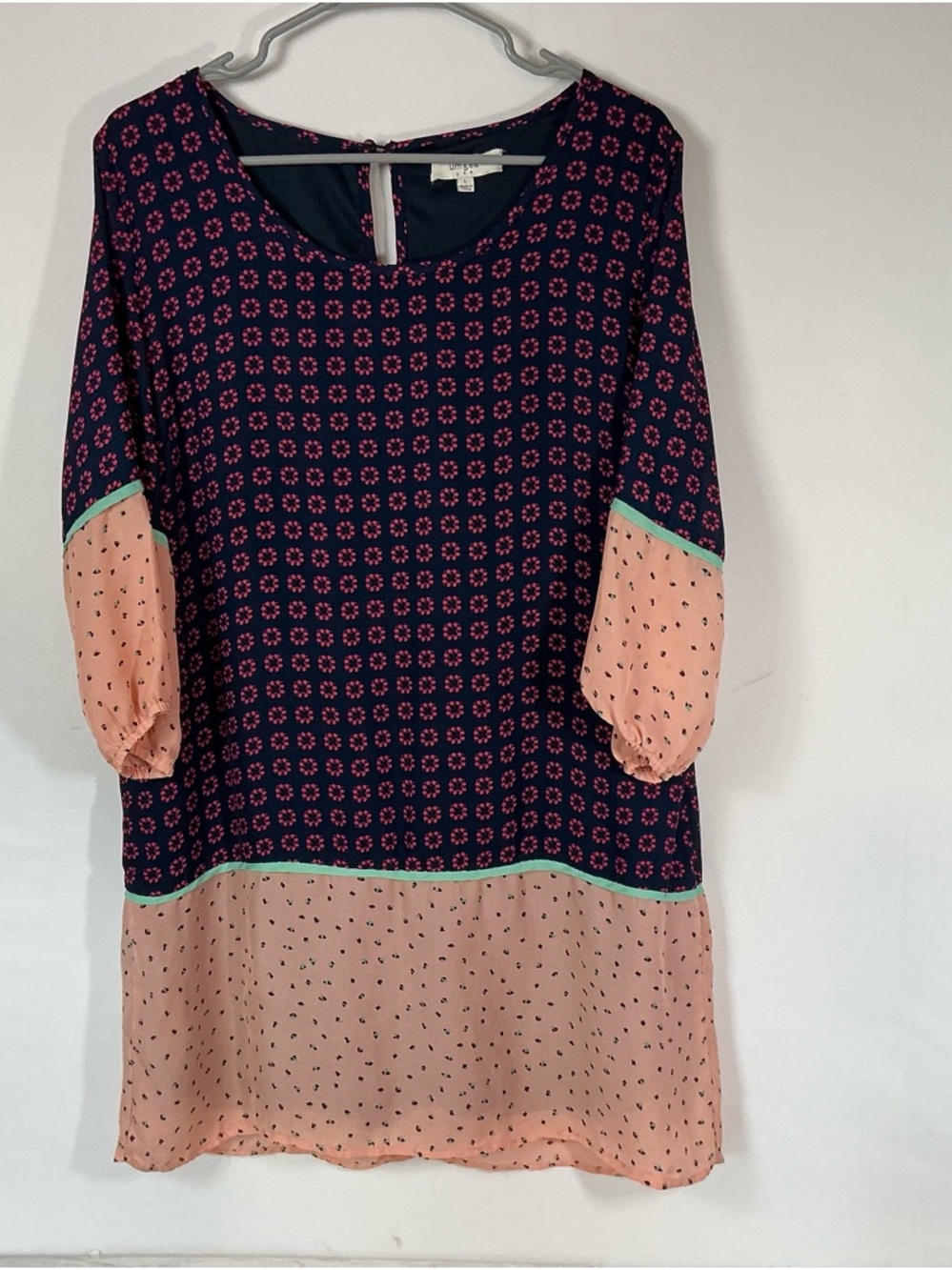Umgee Navy and Peach Paneled Long Sleeve Shift Dress